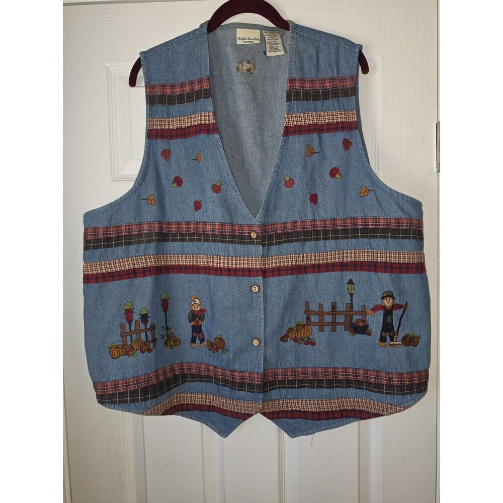 Vintage Denim Vest Bobbie Brooks Fall Scarecrow Leaves Pumpkins 22W/24W Blue